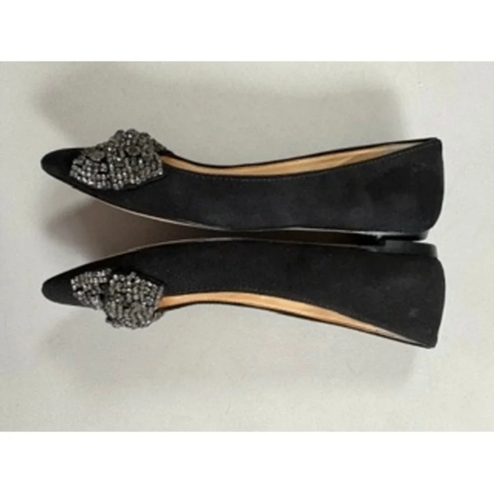 Tory Burch Black Suede Crystal Bow Vanessa Pointed Toe Ballet Flats Shoes 5.5